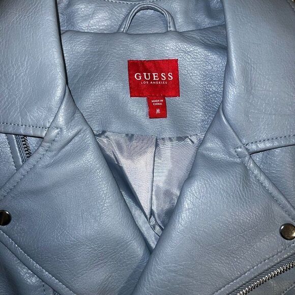 Medium GUESS Baby Blue Scarlett Faux Leatherette double breasted Moto Jacket - Picture 6 of 11